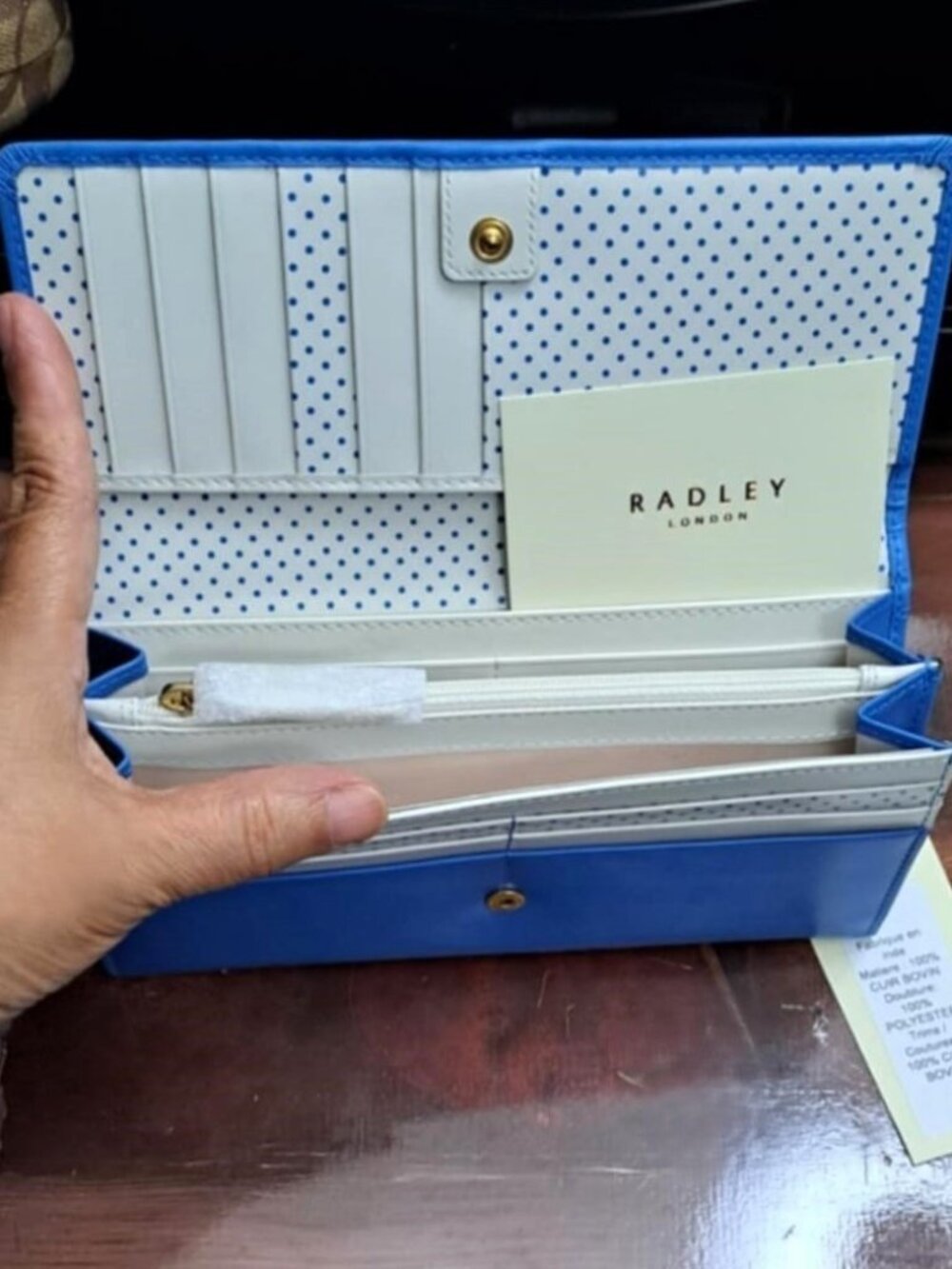 NWT Radley London Genuine Leather Matinee Flapover Wallet Blue Polka Dot Dog
